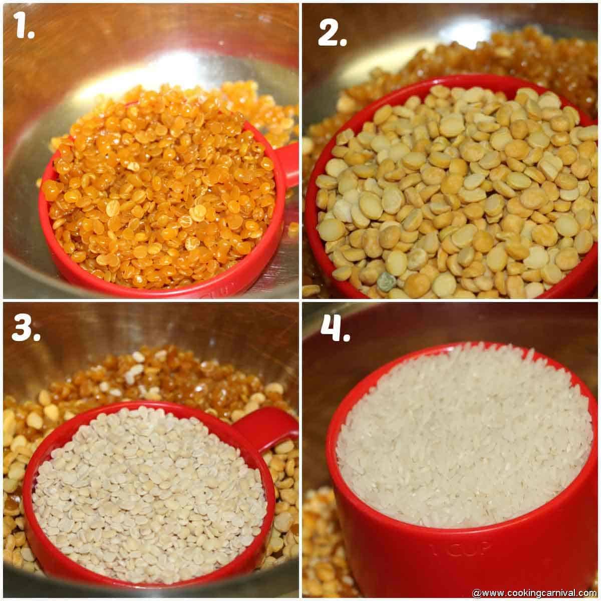 chana dal, urad sal, toor dal and rice soaking pic