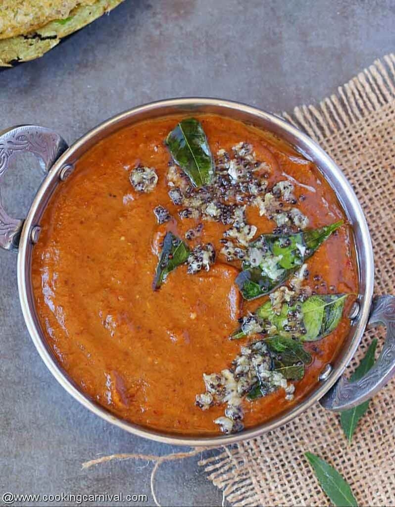 Ginger chutney in steal bowl, clicked from the top