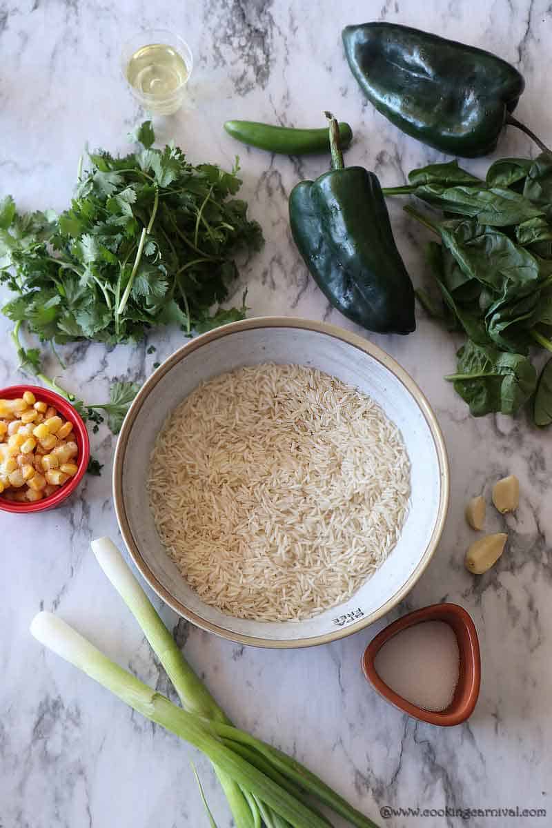 Rice, Publano Peppers, cilantro, spinach, Serrano, Garlic, green Onions, salt, corn and oil