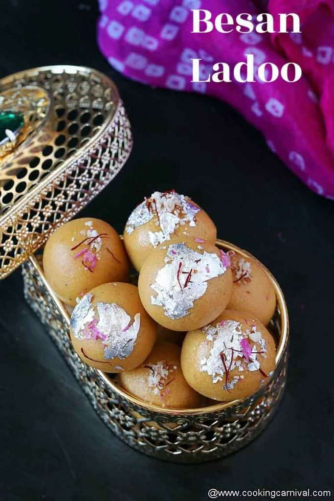 Besan ladoo in a triangle golden container