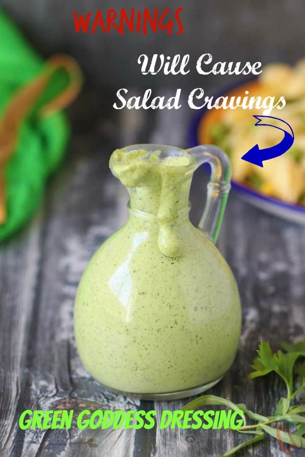 Green Goddess Dressing Recipe - A classic, creamy, aromatic and lip smacking salad dressing made with flat-leaves parsley, tarragon, green onions, mayonnaise, sour cream, garlic and lemon juice. Anchovy free dressing recipe.