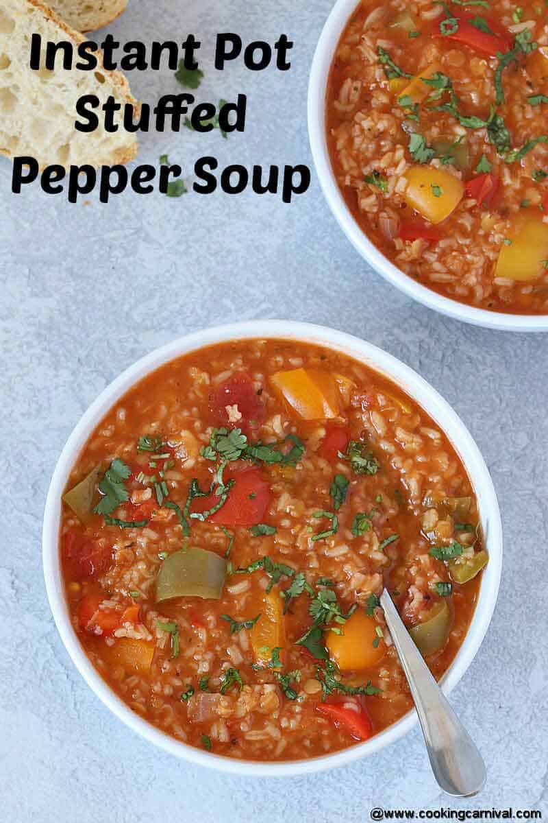 instant pot stuffed pepper soup in a white bowl with spoon