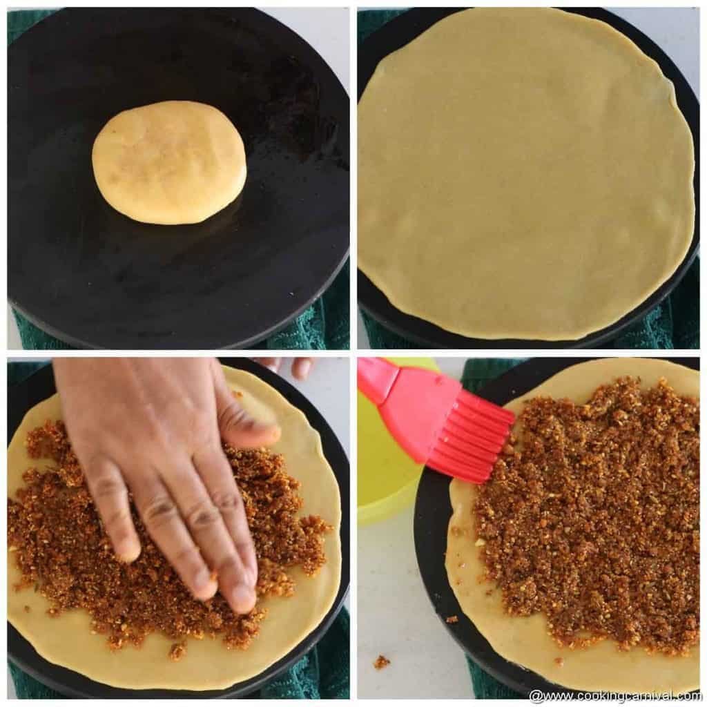 rolling and stuffing the indian snack bakarwadi