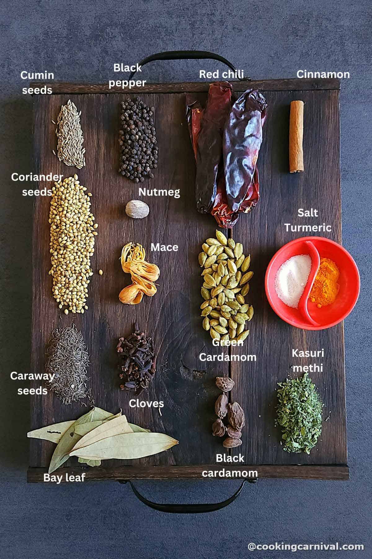 pre-measured ingredients for making a recipe of biryani masala at home.