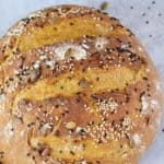 Loaf of no knead bread on a gray board (Proofed dough in instant pot)