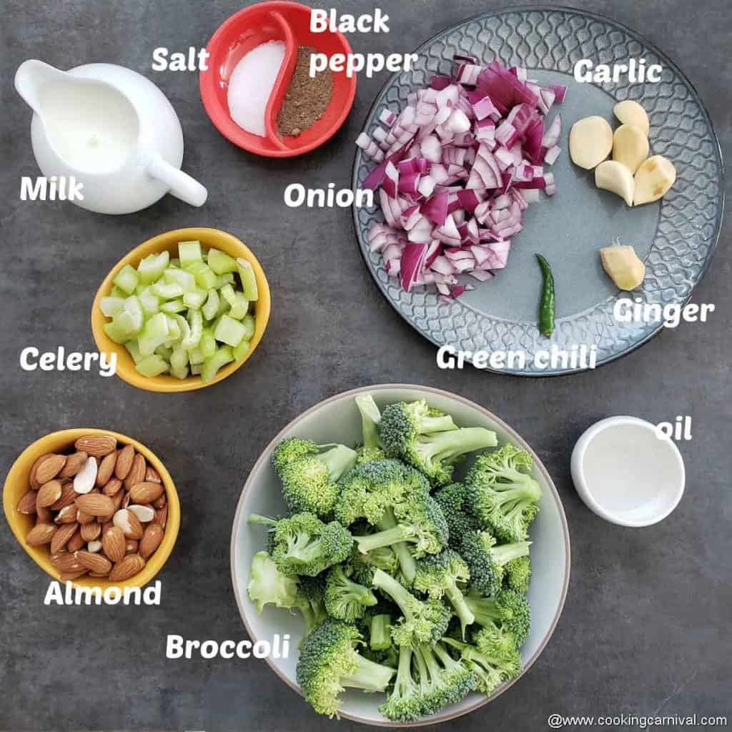 Pre-measured ingredients for broccoli almond soup