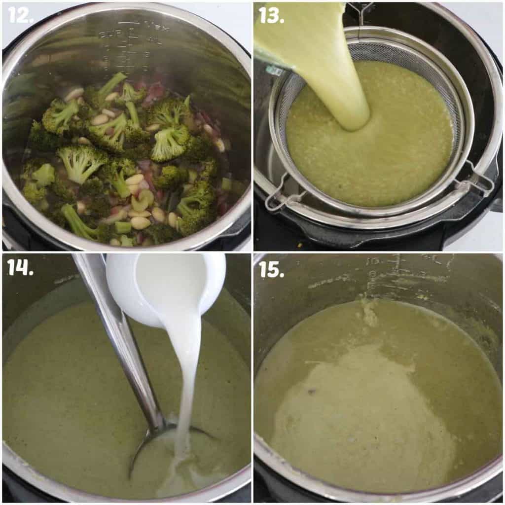 blending creamy broccoli soup and adding milk