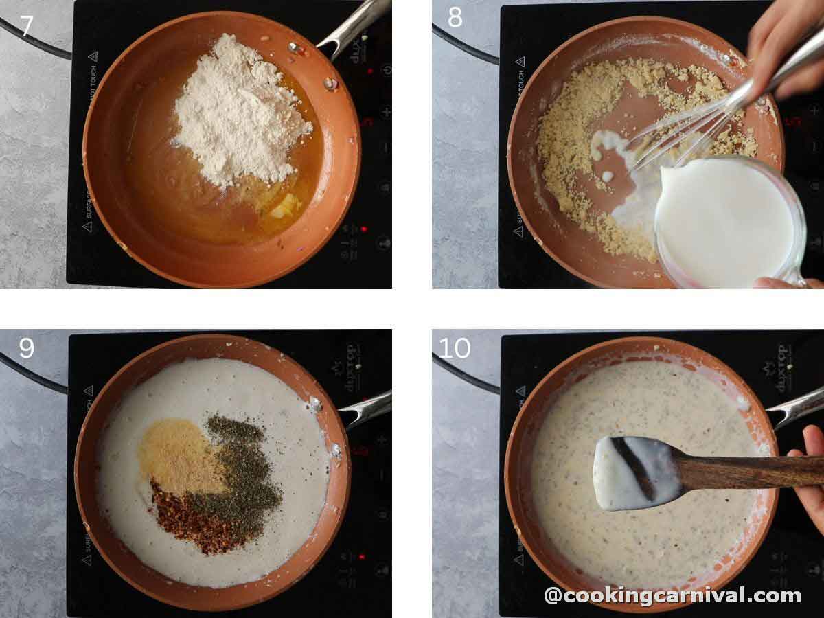 Making white sauce with butter, all purpose flour, seasonings and milk.