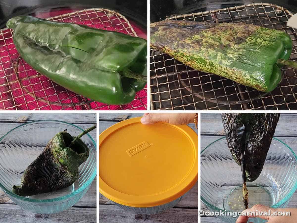 Roasting poblano pepper on stove top.