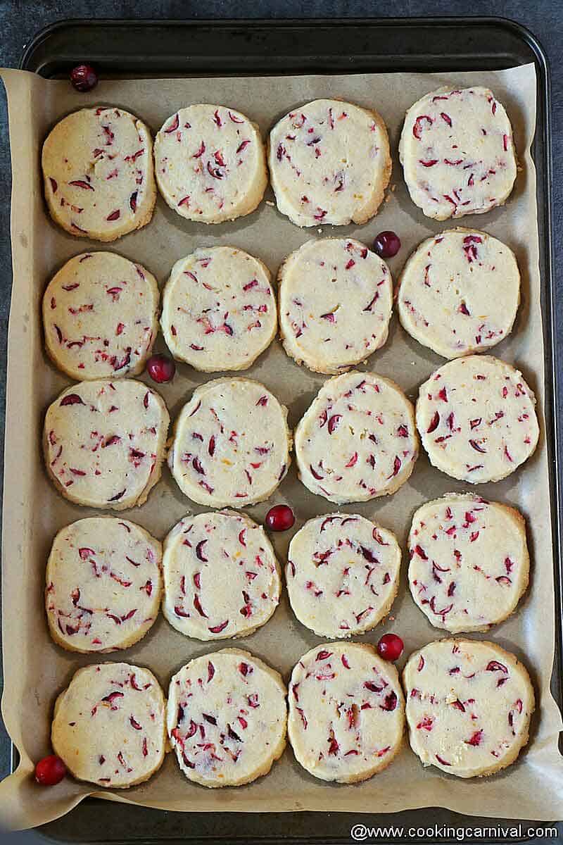 Cranberry Orange Shortbread cookies in baking sheet