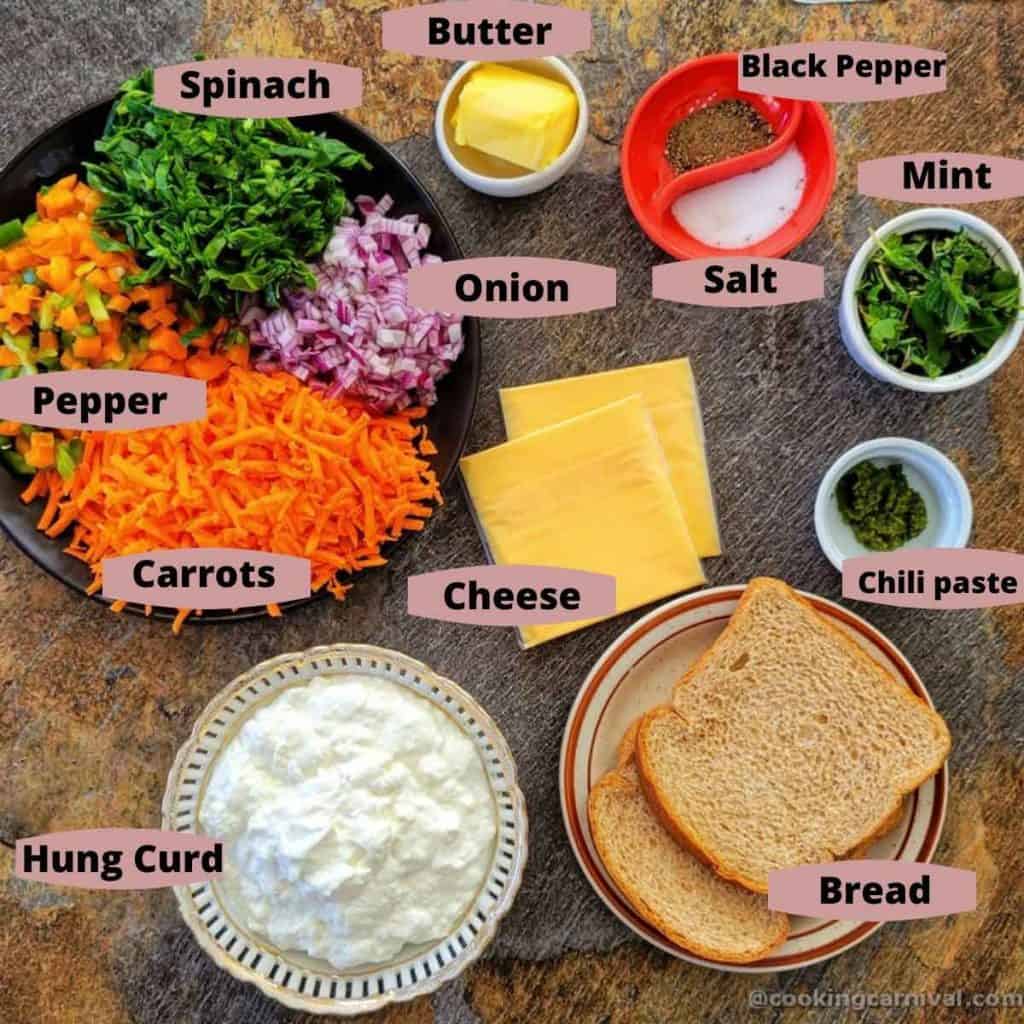 Pre measured ingredients for grilled sandwich on black tile