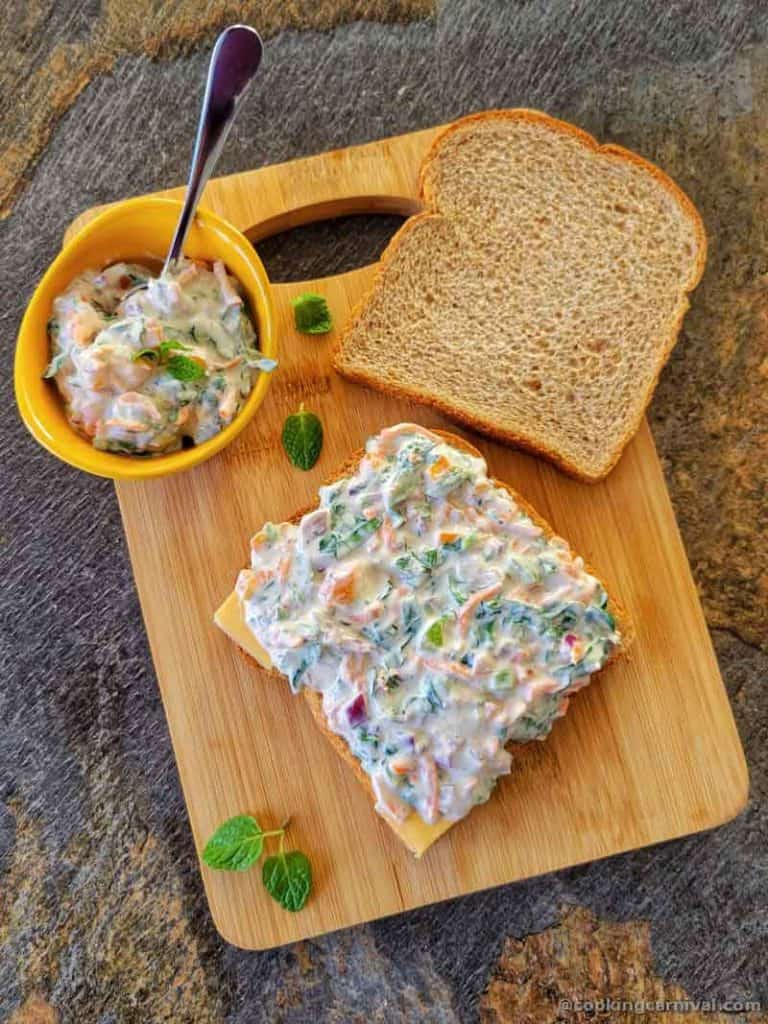 applying yogurt sandwich mixture on bread