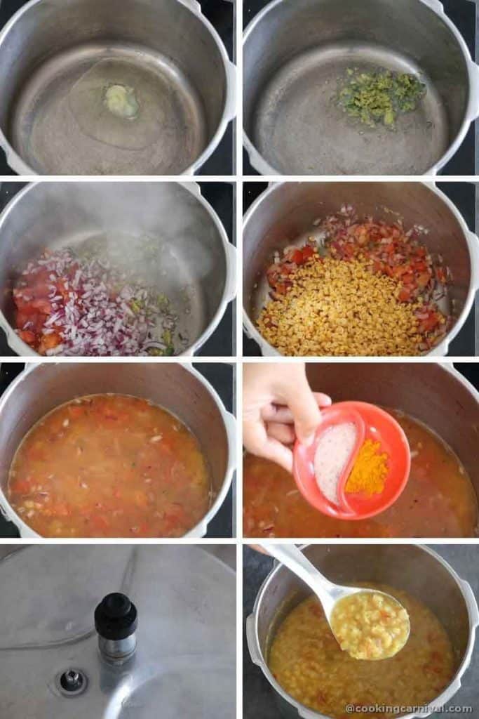 collage of cooking dal with tomato, onion, ginger and green chili in pressure cooker