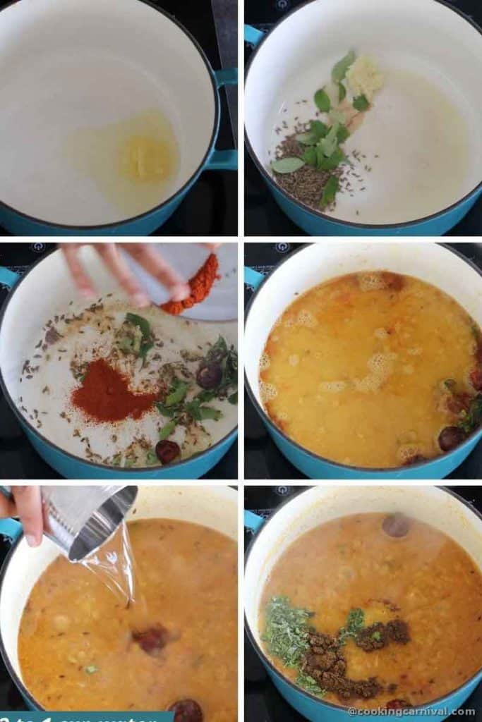 collage of making tadka (tempering) for dal