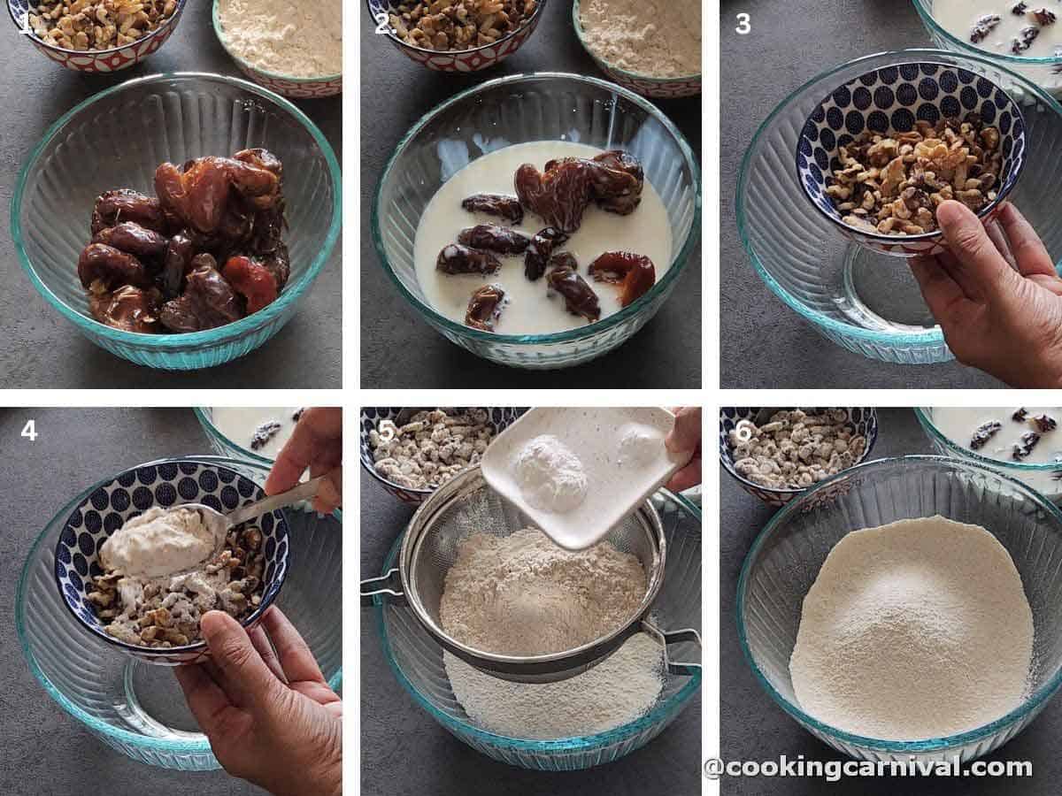 soaking dates in hot milk, coating walnuts with flour and sift the flour, baking powder and baking soda in a bowl.