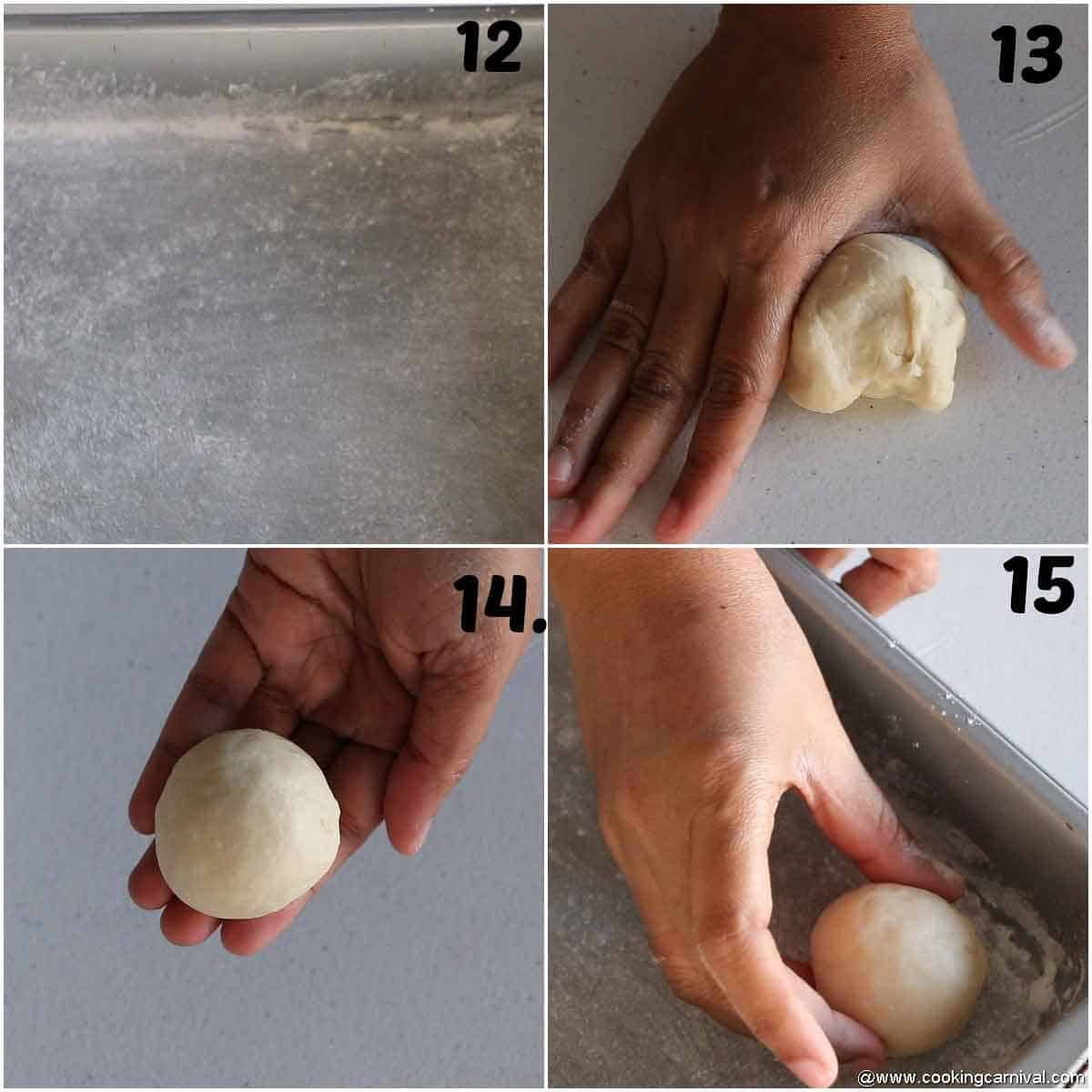 Shaping the bread dough into balls and placing them in a greased baking tray