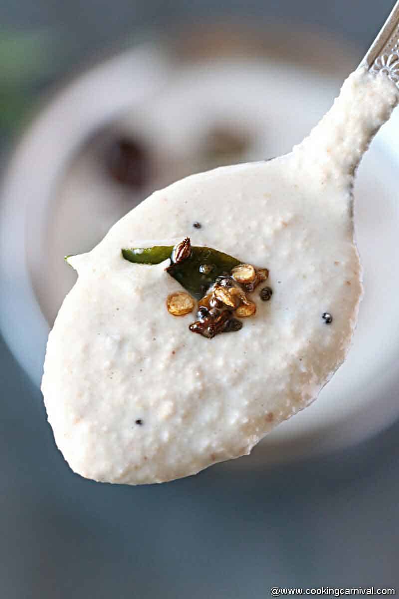 Close up shot of Peanut Chutney in spoon