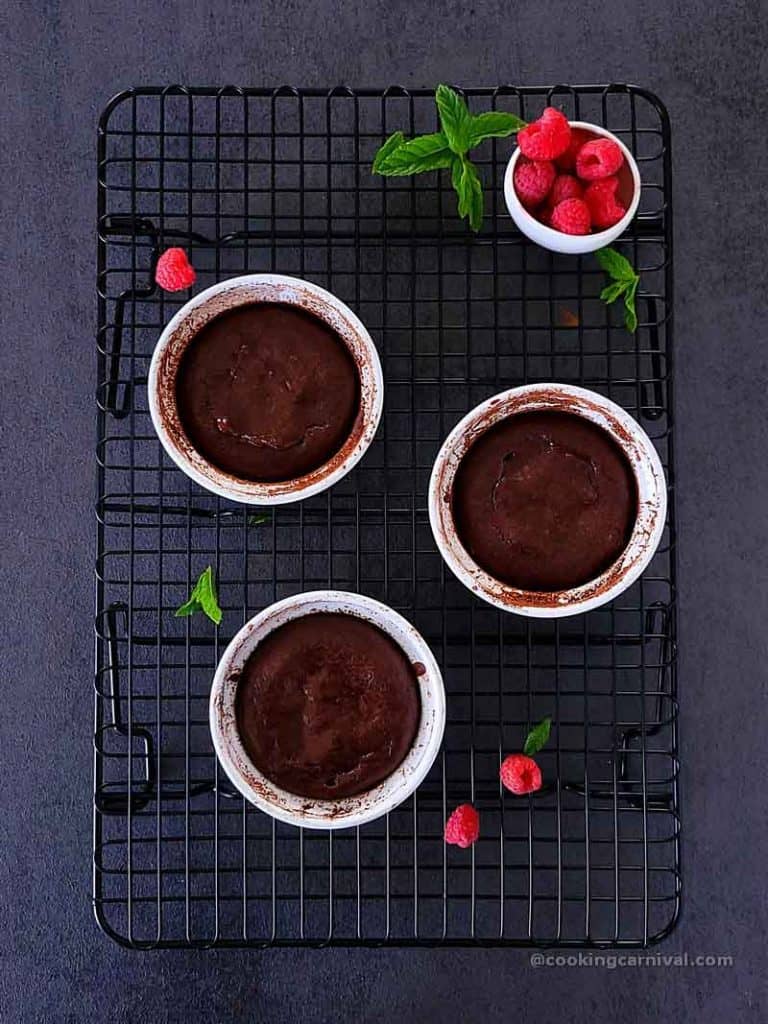 lava cake in container, placed on wire rack