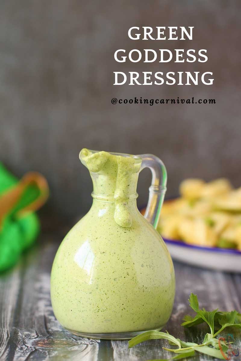 Green Goddess Dressing Recipe - A classic, creamy, aromatic and lip smacking salad dressing made with flat-leaves parsley, tarragon, green onions, mayonnaise, sour cream, garlic and lemon juice. Anchovy free dressing recipe.