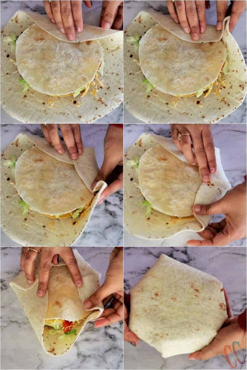 How to fold crunchwrap supreme? Vegetarian Homemade Crunchwrap Supreme Recipe - Refried beans, cheese sauce, crunchy tostadas, sour cream, chopped lettuce, diced tomatoes, Jalapenos and shredded cheese all wrapped inside a large burrito tortilla and then pan roasted until perfectly golden brown in color.