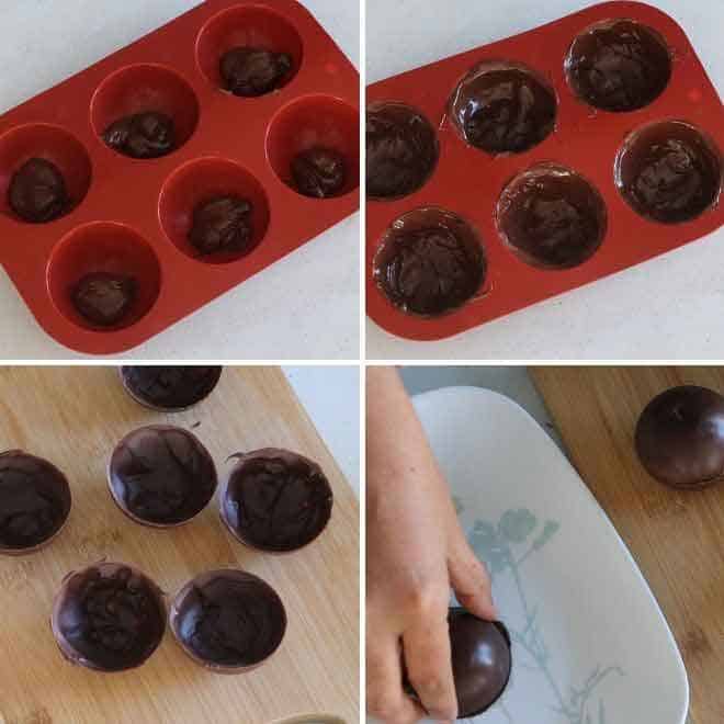 filling melted chocolates in silicon mold