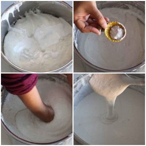 Adding the rock salt and mixing the batter with hand.