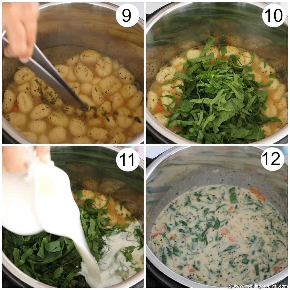 adding spinach and cream in gnocchi soup