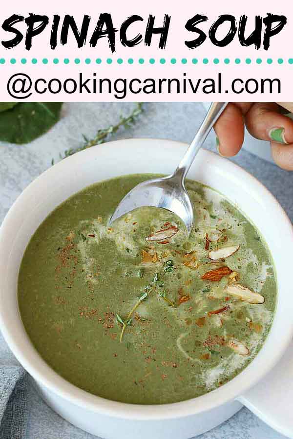 Spinach soup is refreshing, nutritious and delicious with lots of fiber. It is easy to make and can be ready under 30 minutes from start to finish.