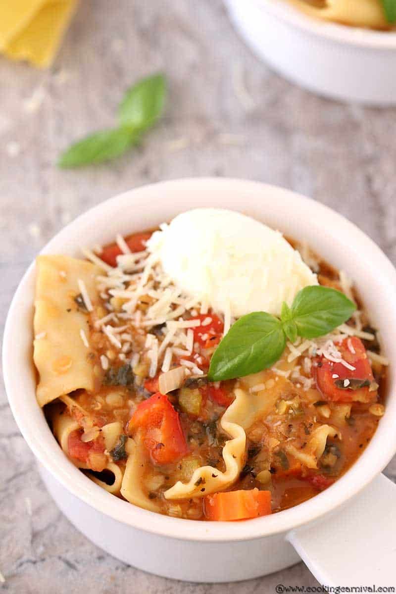 Instant Pot Lasagna Soup in a bowl from the top