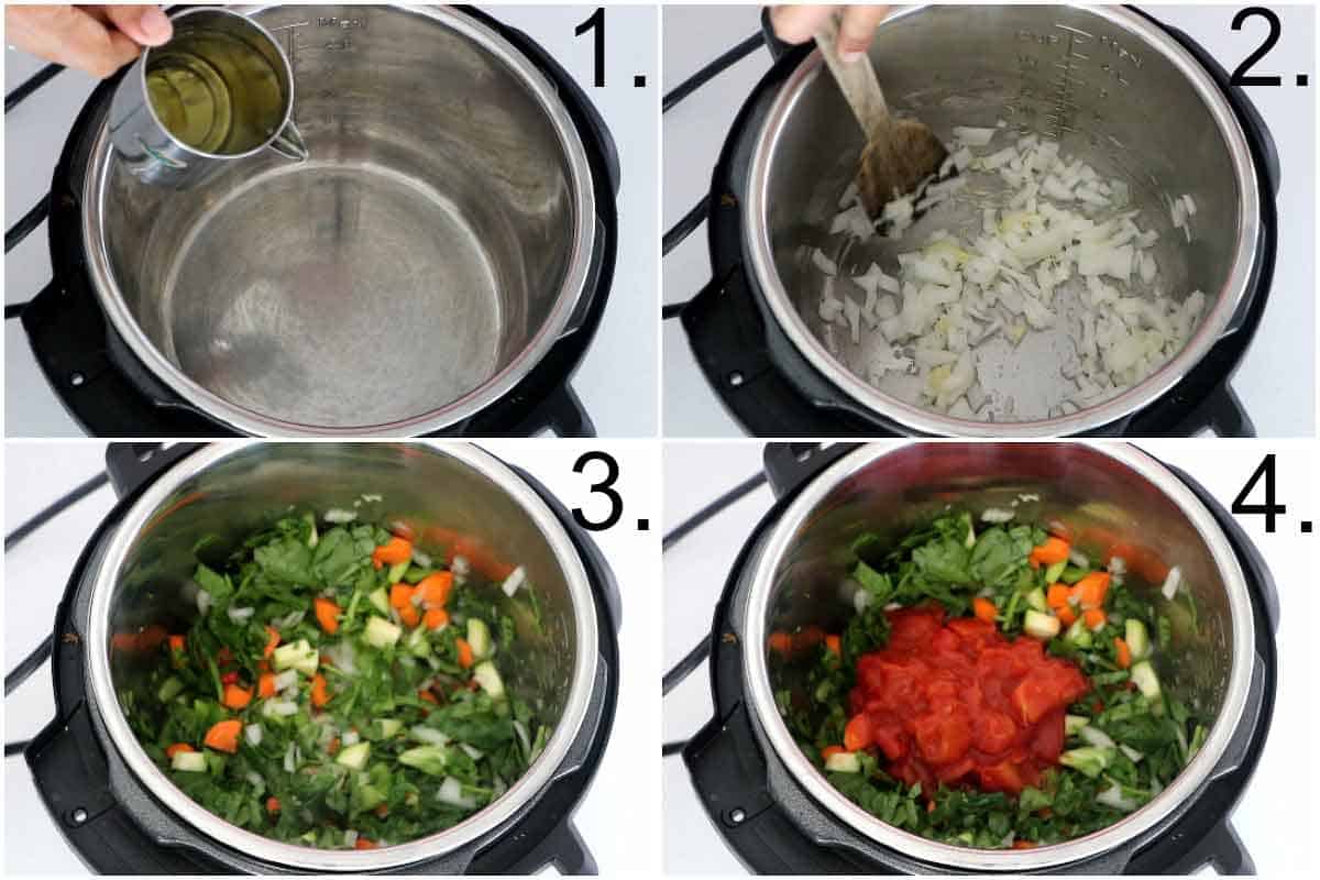 Sauteing onion and garlic in instant pot and then add vegetables and canned tomatoes for Lasagna Soup