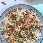 Instant Pot Mujadara (Mujaddara) - A signature Middle Eastern dish made with lentils and rice and garnished with crispy fried onions! It is gluten free, vegan and one of the most comforting one pot meal! It is one of the favorite Vegetarian side dishes and it is protein rich filling meal.