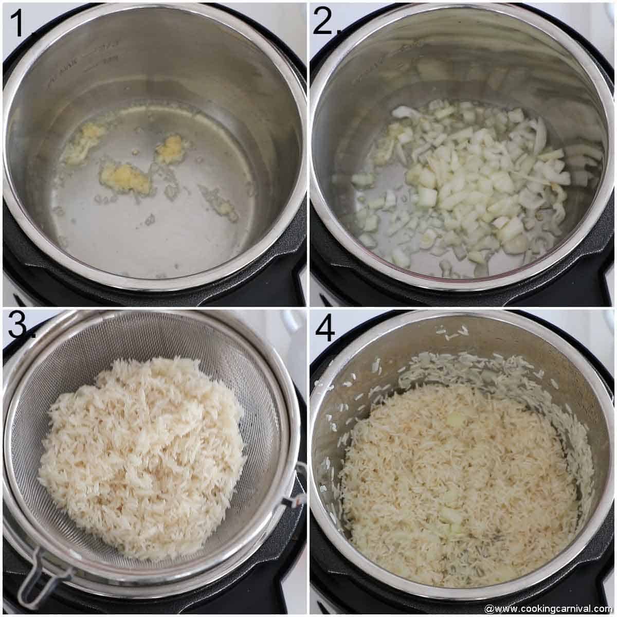 Adding oil, garlic, onion, rice in instant pot