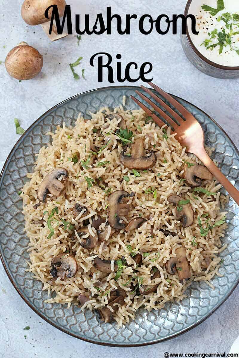 Mushroom rice in a plate clicked from top angle