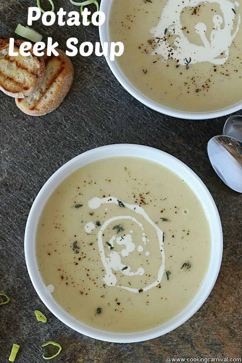 Bowl of leek potato soup made in instant pot, with crusty bread