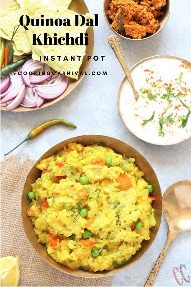 Instant Pot Quinoa Dal Khichdi - Healthy, easy to digest, wholesome, one pot comfort meal prepared by pressure cooking Quinoa, Moong Dal and Rice with lots vegetables and couple of spices. Whether you call it Masala Khichdi, Vaghareli Khichdi, Vegetable or Dal Khichdi, this one pot meal recipe is nutritious and light on the tummy.