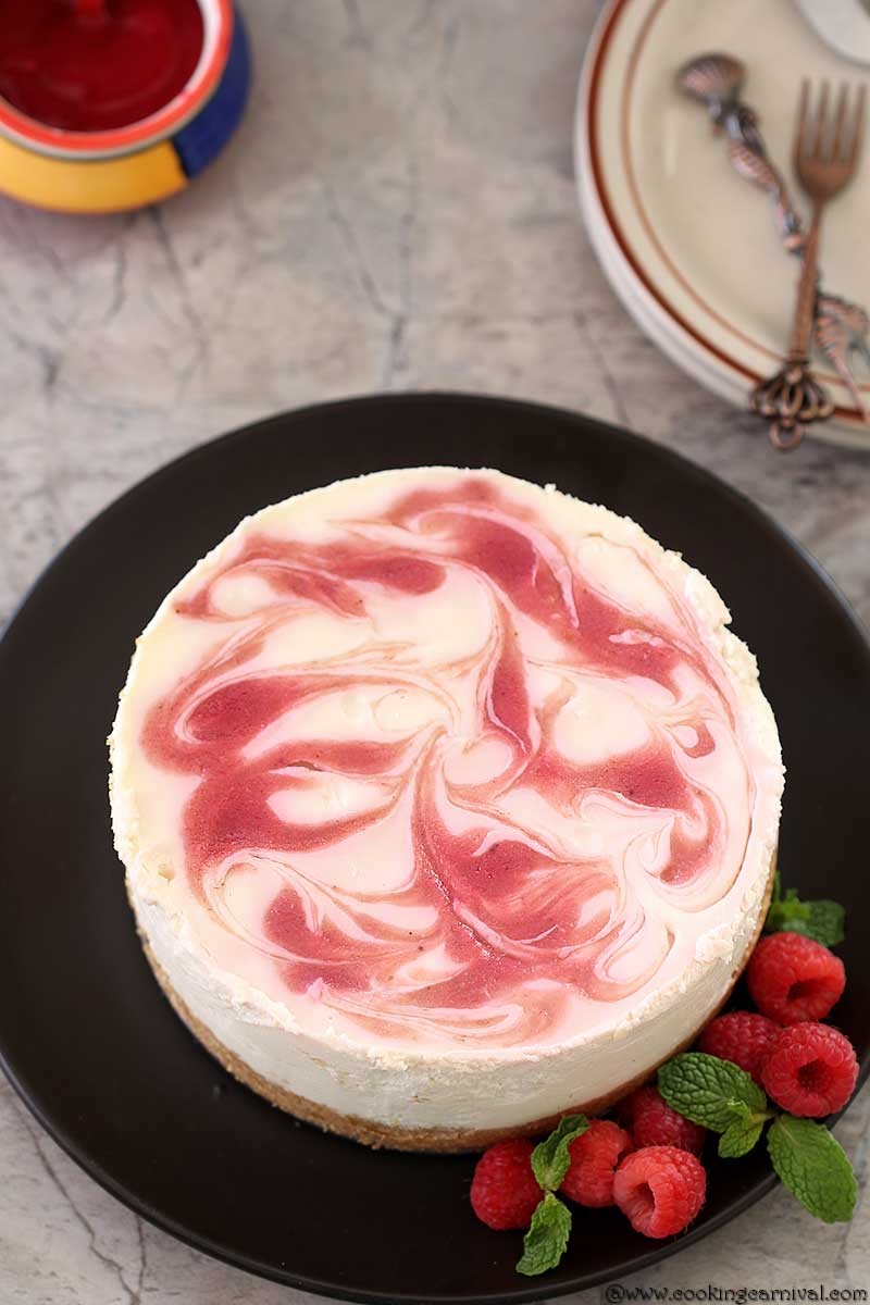 Instant Pot Raspberry Swirl Eggless Cheesecake, Easy cheesecake In Instant Pot, Instant Pot raspberry cheesecake