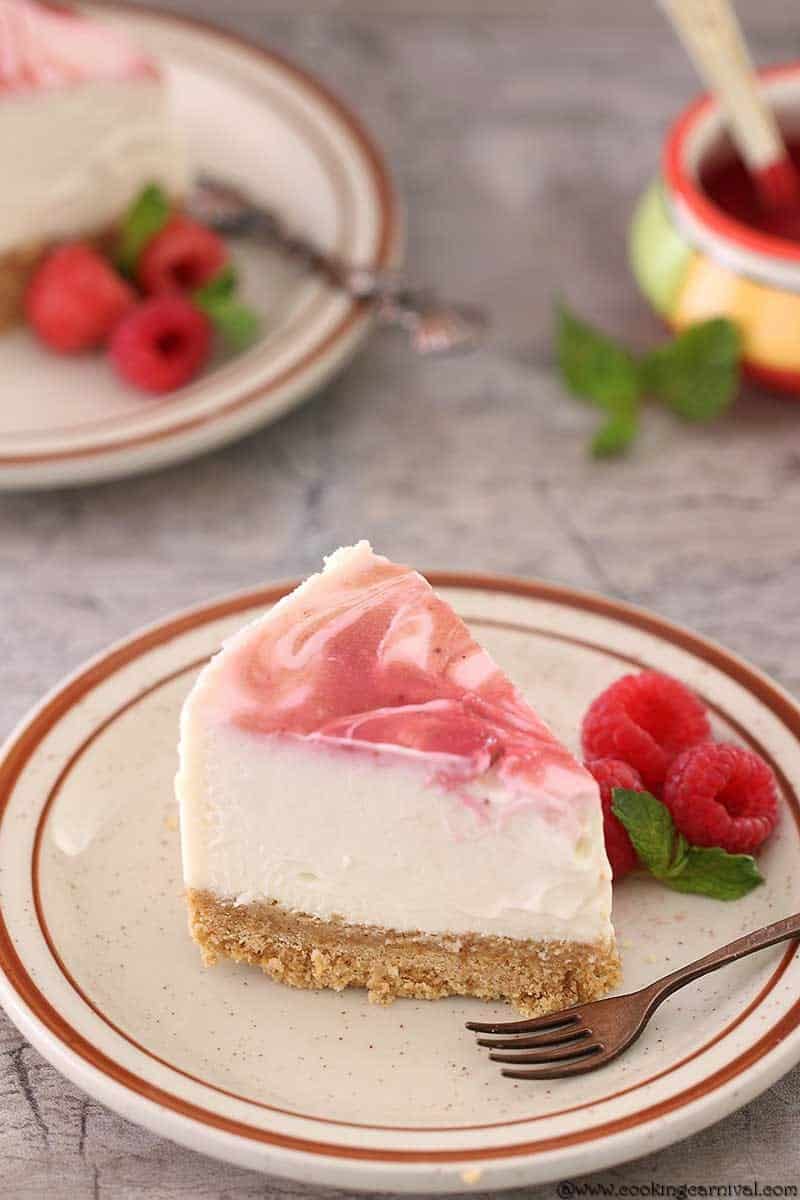 Instant Pot Raspberry Swirl Eggless Cheesecake, pressure cooker cheesecake, eggless pressure cooker cake