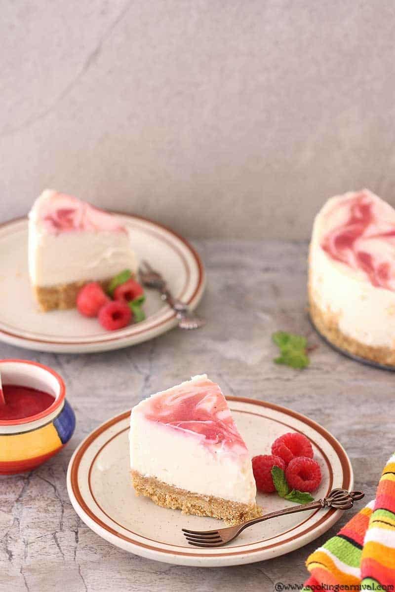 Instant Pot Raspberry Swirl Eggless Cheesecake, Cheesecake with raspberry puree,