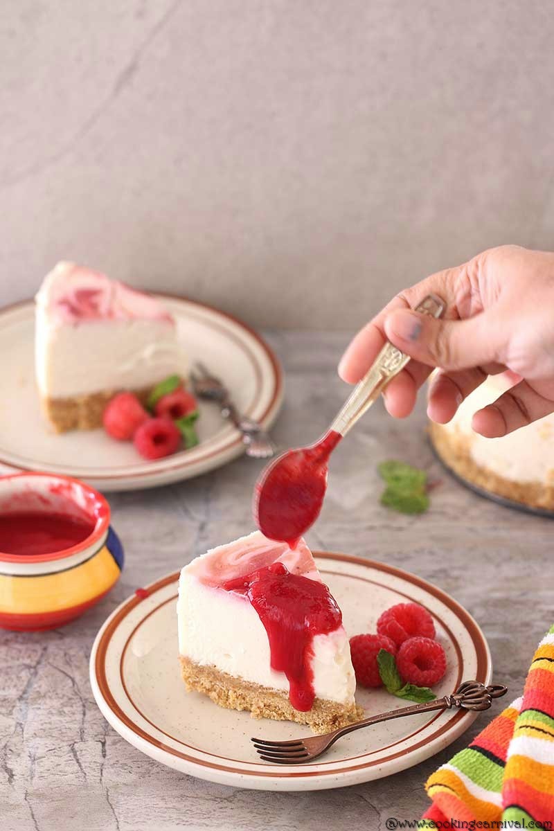 Instant Pot Raspberry Swirl Eggless Cheesecake, best cheesecake in instant pot, Ip recipes, Instant Pot dessert recipes