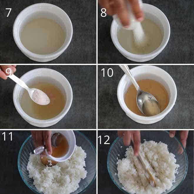 Collage of making sushi vinegar and adding in to sushi rice