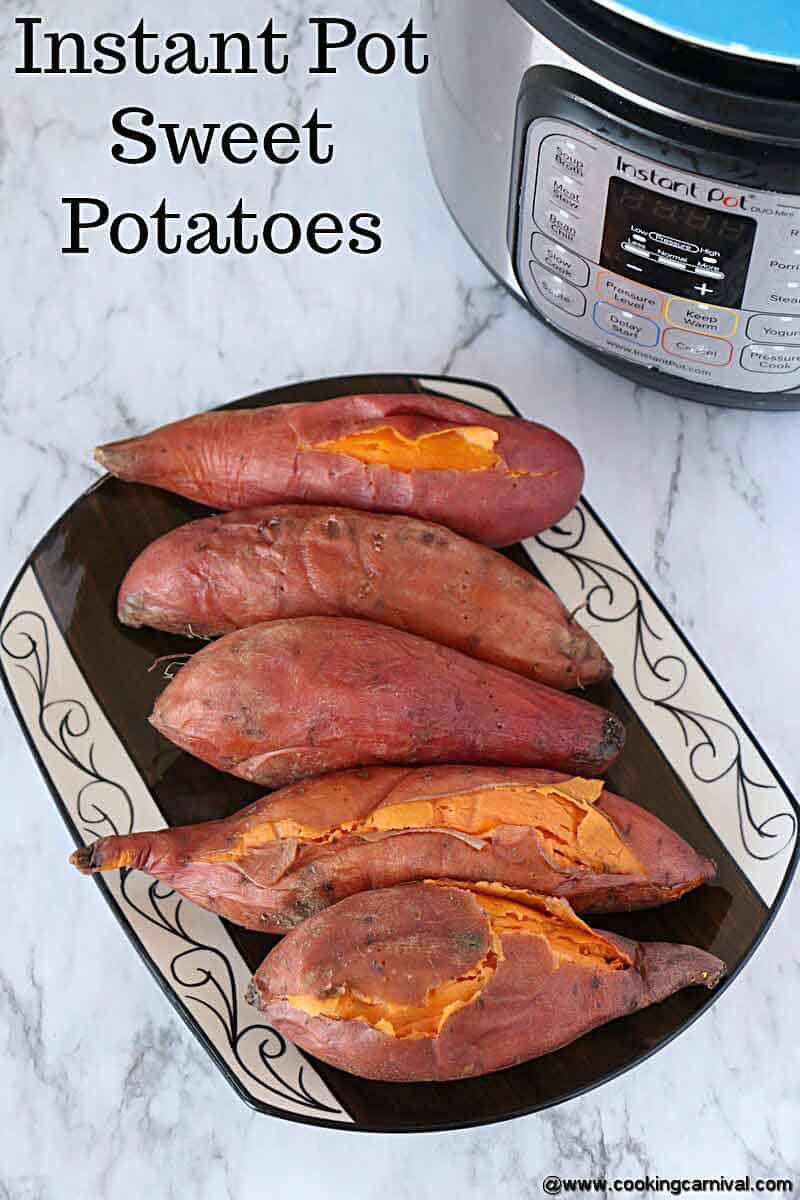 Sweet potatoes cooked in instant pot and placed on a marble tile.