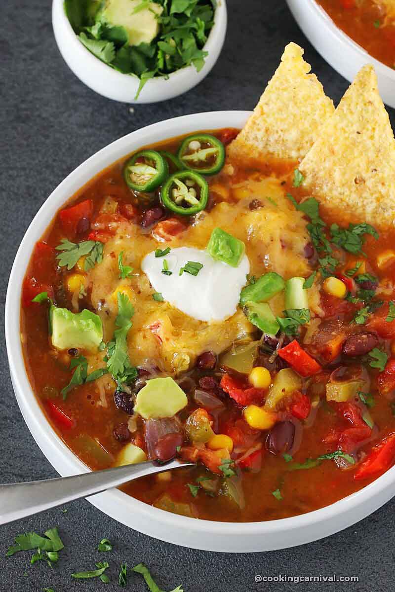 taco soup in a white bowl