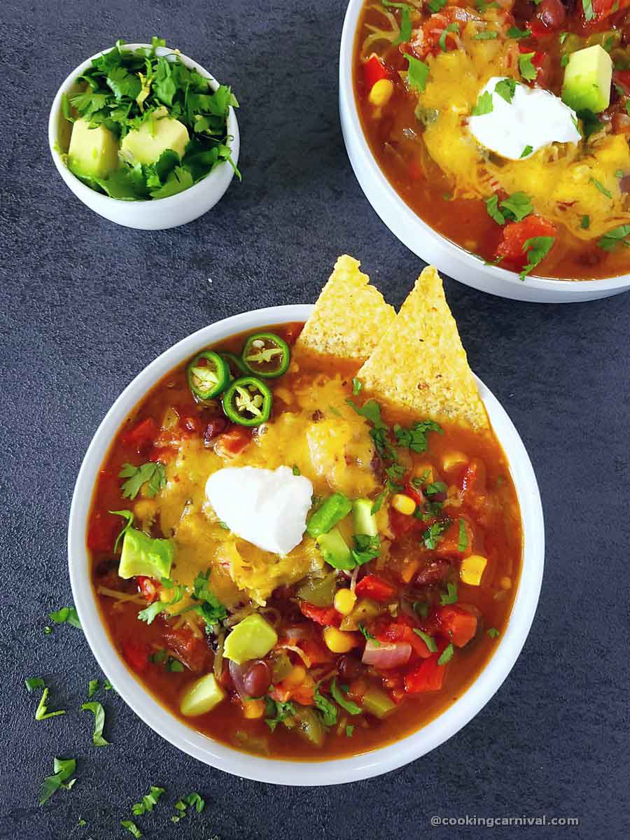 vegetarian taco soup in a white bowl