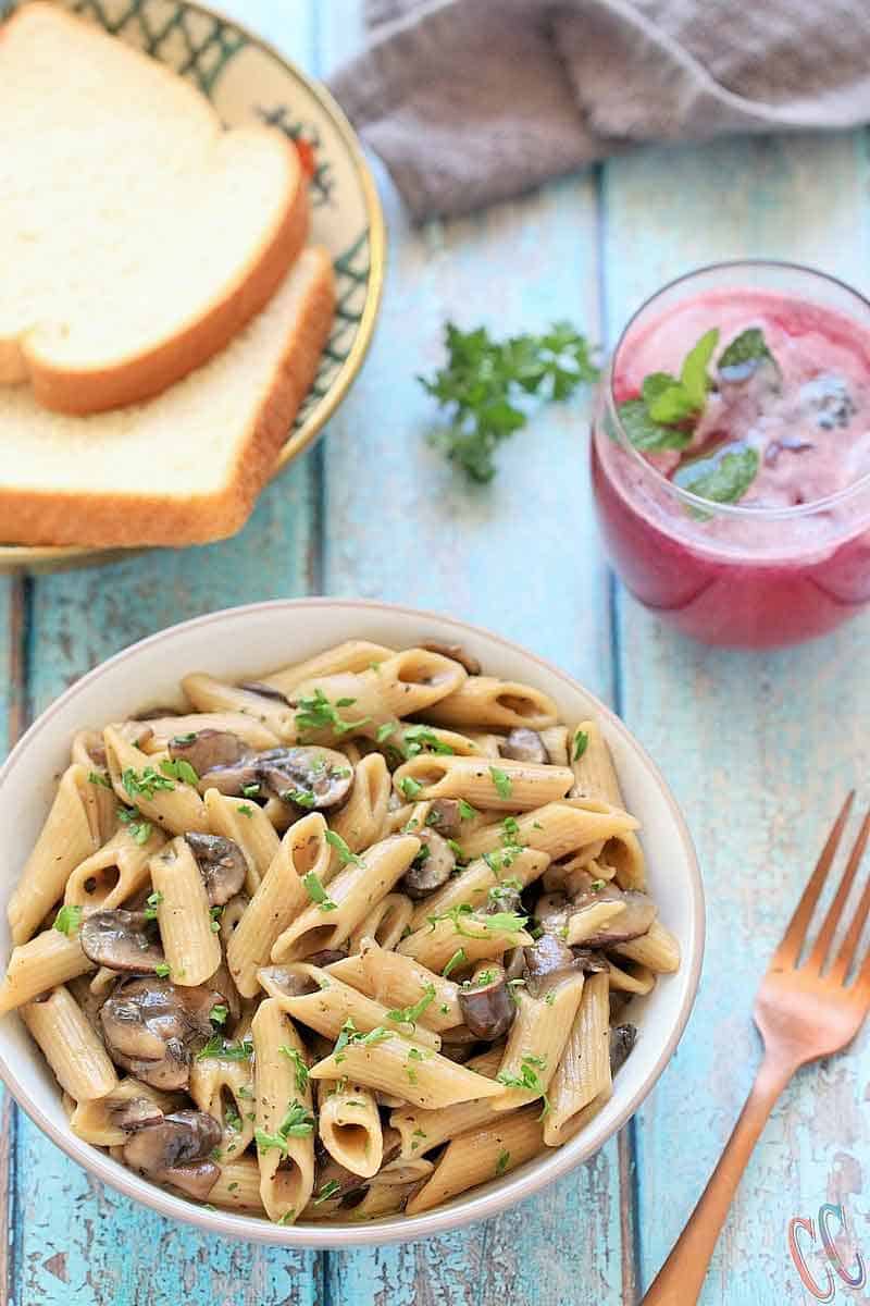 This Instant Pot Vegan Mushroom Stroganoff Recipe is quick, easy, comforting, hearty, savory, creamy, delicious, nut-free and perfect for weeknight Dinner.