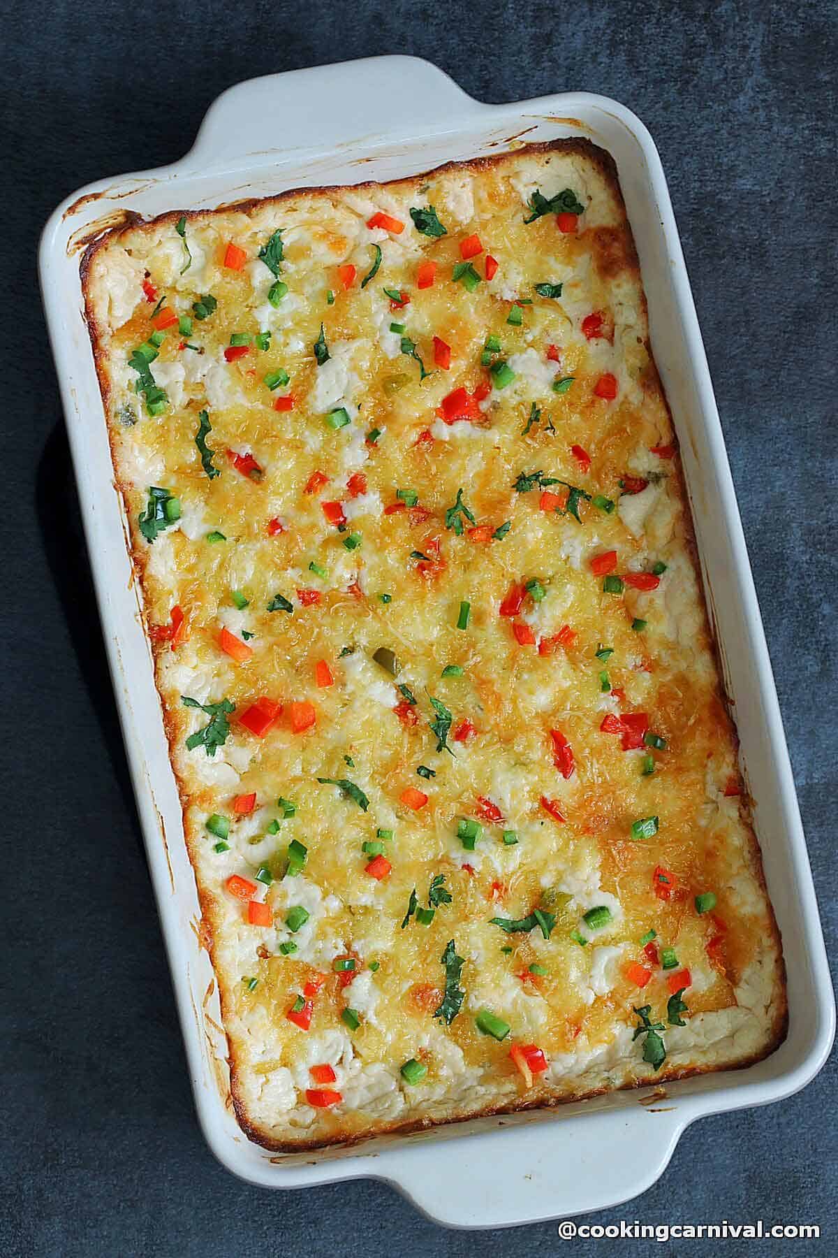 Jalapeno Popper Dip in a baking dish.