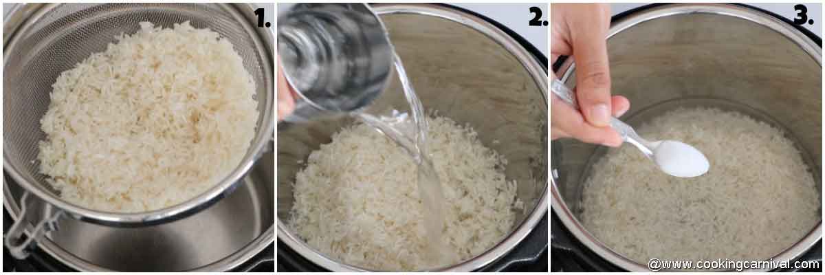 adding rice water and salt in the pot