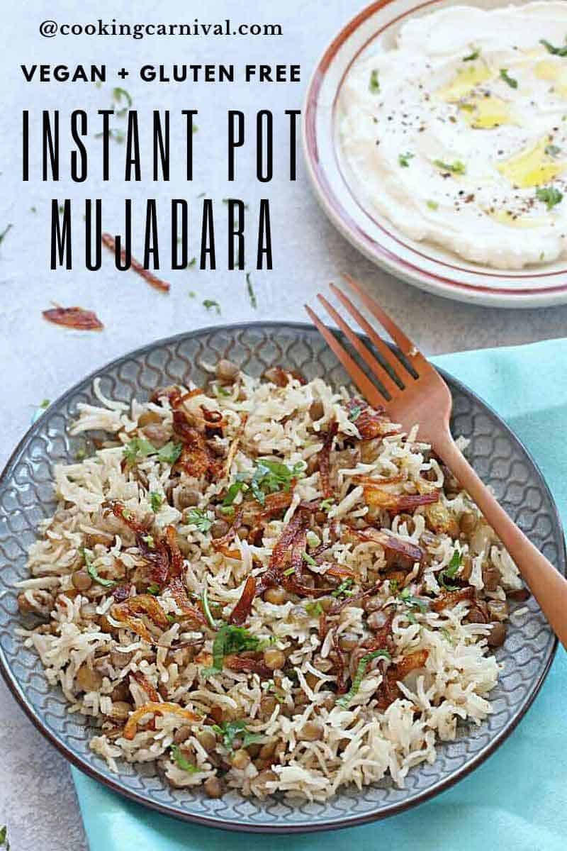 Instant Pot Mujadara (Mujaddara) - A signature Middle Eastern dish made with lentils and rice and garnished with crispy fried onions! It is gluten free, vegan and one of the most comforting one pot meal! It is one of the favorite Vegetarian side dishes and it is protein rich filling meal.