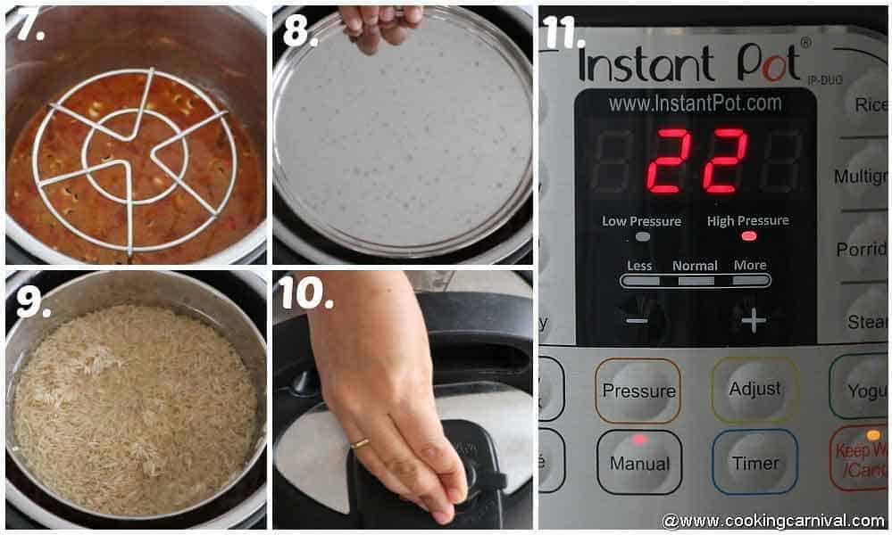 Placing brown rice in instant pot with pip method and pressing the manual button and setting the cooking time