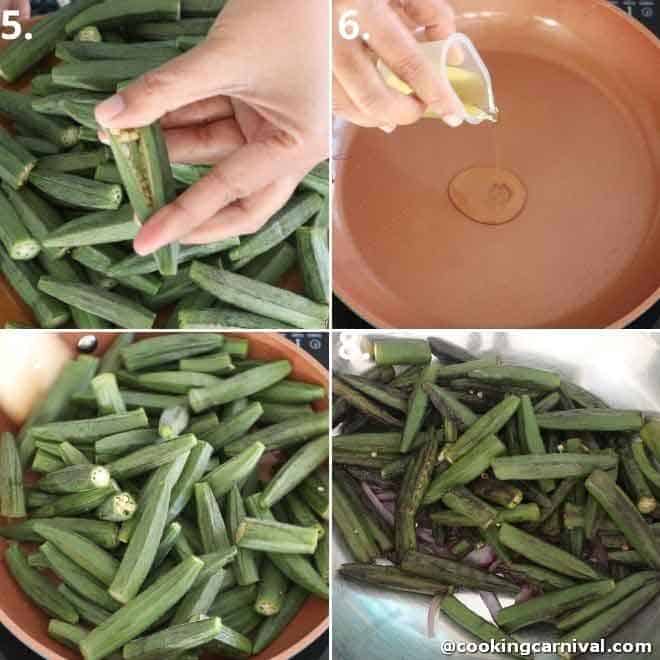 Cooking bhindi (okra) in a pan