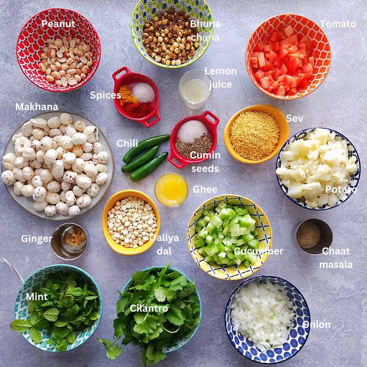 Pre-measured ingredients to make makhana bhel